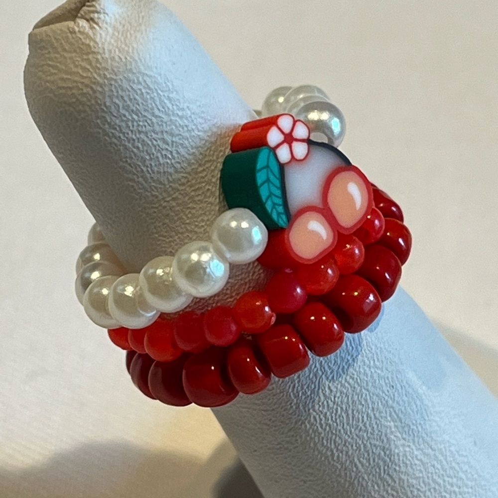 Handmade Cherry Beaded Rings Set, Stretchy - Picture 2 of 3